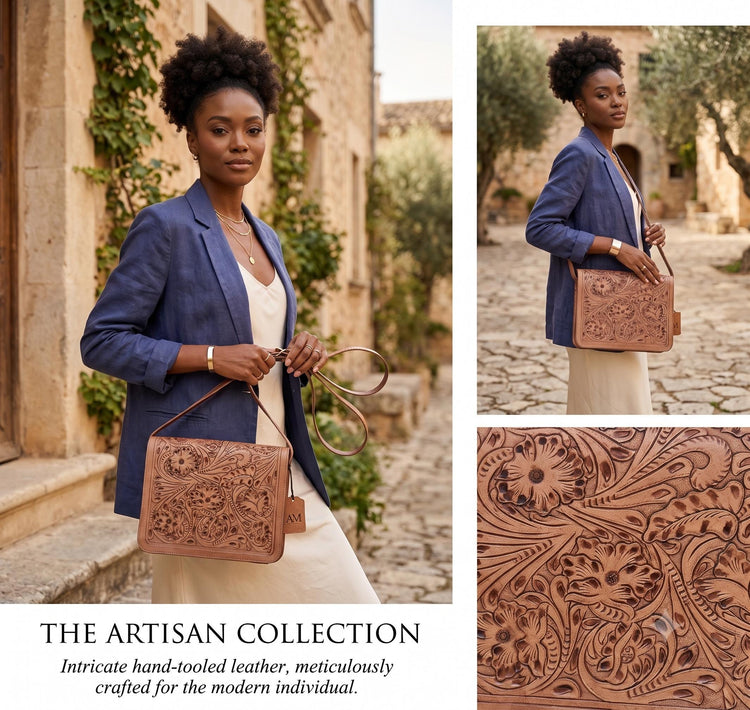 Tooled Leather Crossbody Bag with Floral Embossing – Handmade Western Boho Purse