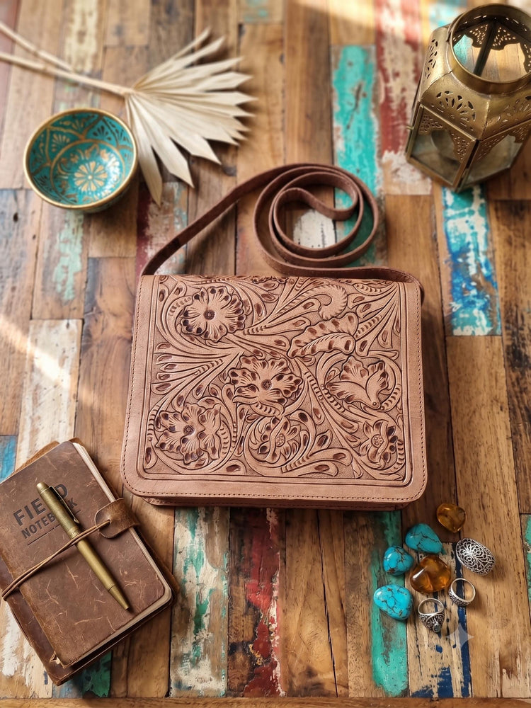 Tooled Leather Crossbody Bag with Floral Embossing – Handmade Western Boho Purse