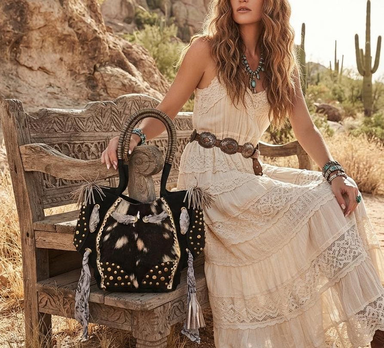 Cowhide Leather Tote Bag, Western Leather Shoulder Bag, Cowgirl Purse, Hair On Hide Handbag, Large Leather Shopper, Boho Festival Tote