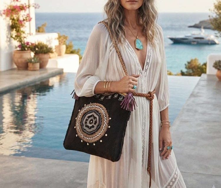 Cowhide Leather Tote Bag, Boho Leather Shoulder Bag, Handmade Western Handbag, Festival Tote, Gypsy Coin Leather Purse, Large Cowgirl Bag
