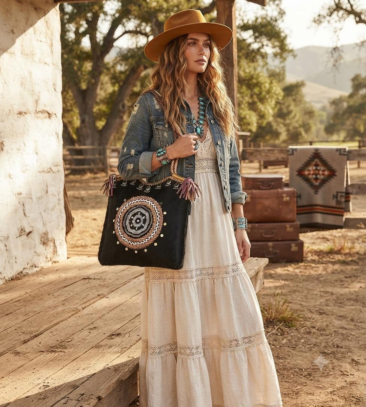 Cowhide Leather Tote Bag, Boho Leather Shoulder Bag, Handmade Western Handbag, Festival Tote, Gypsy Coin Leather Purse, Large Cowgirl Bag