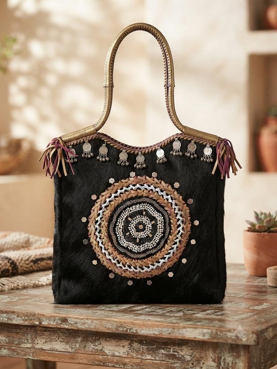 Cowhide Leather Tote Bag, Boho Leather Shoulder Bag, Handmade Western Handbag, Festival Tote, Gypsy Coin Leather Purse, Large Cowgirl Bag