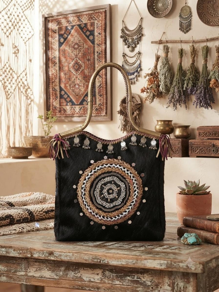 Cowhide Leather Tote Bag, Boho Leather Shoulder Bag, Handmade Western Handbag, Festival Tote, Gypsy Coin Leather Purse, Large Cowgirl Bag