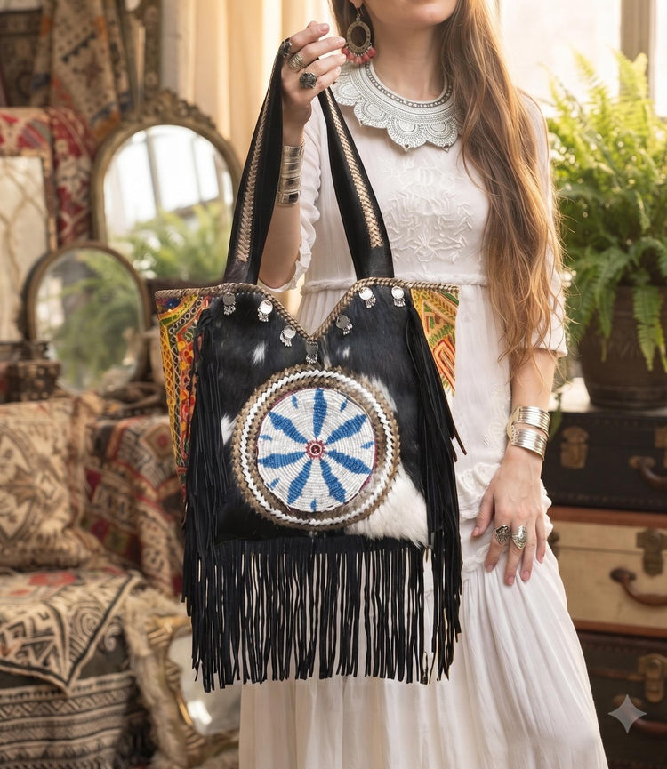 Cowhide Leather Tote Bag, Western Leather Shoulder Bag, Cowgirl Purse, Hair On Hide Handbag, Large Leather Shopper, Boho Festival Tote
