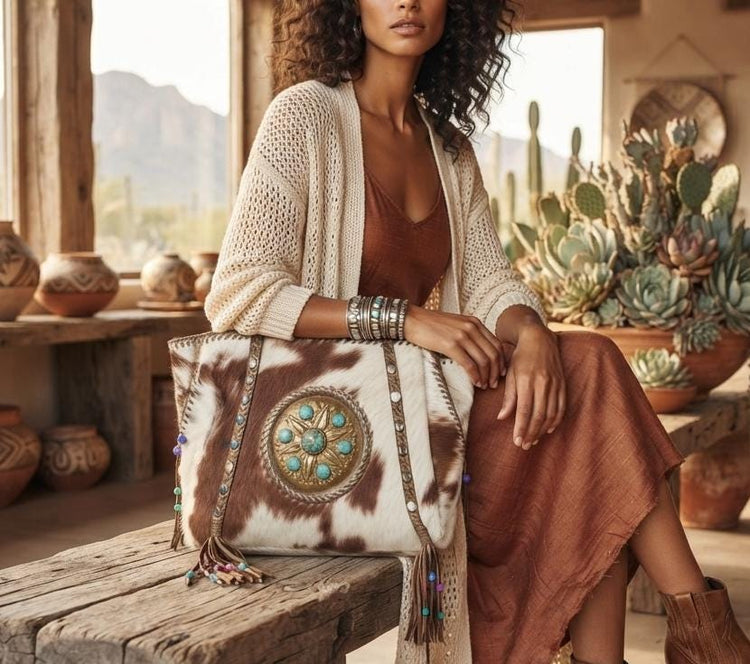 Cowhide Leather Tote Bag, Western Leather Shoulder Bag, Boho Cowgirl Purse, Handmade Leather Shopper, Hair On Hide Tote, Festival Travel Bag