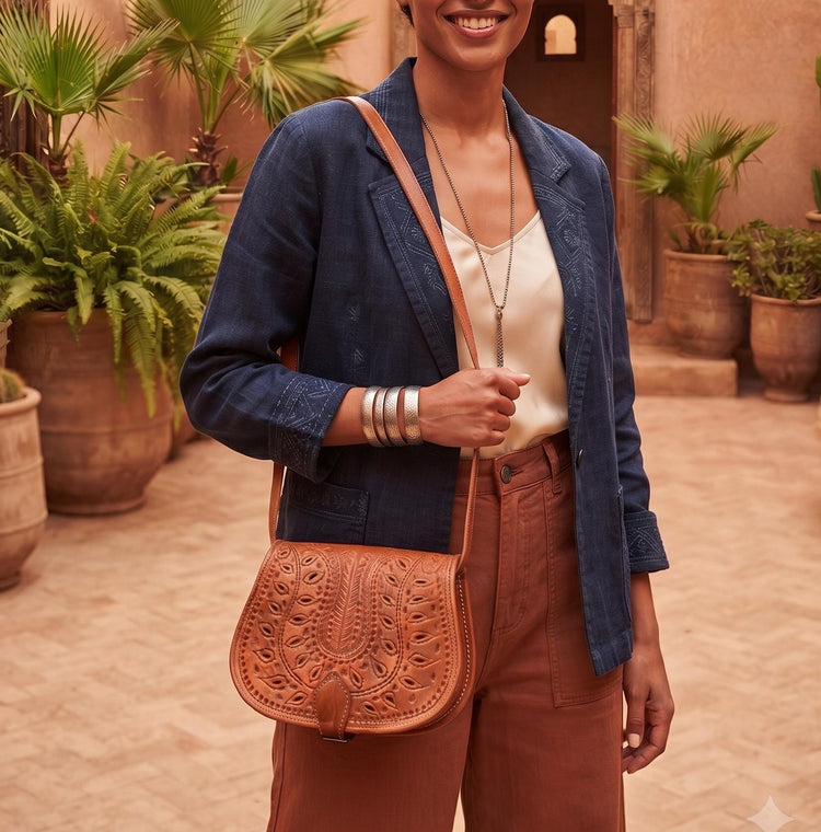 Moroccan Leather Crossbody Bag Floral Cut Out Boho Purse Handmade Berber Shoulder Bag Tan Brown Festival Satchel