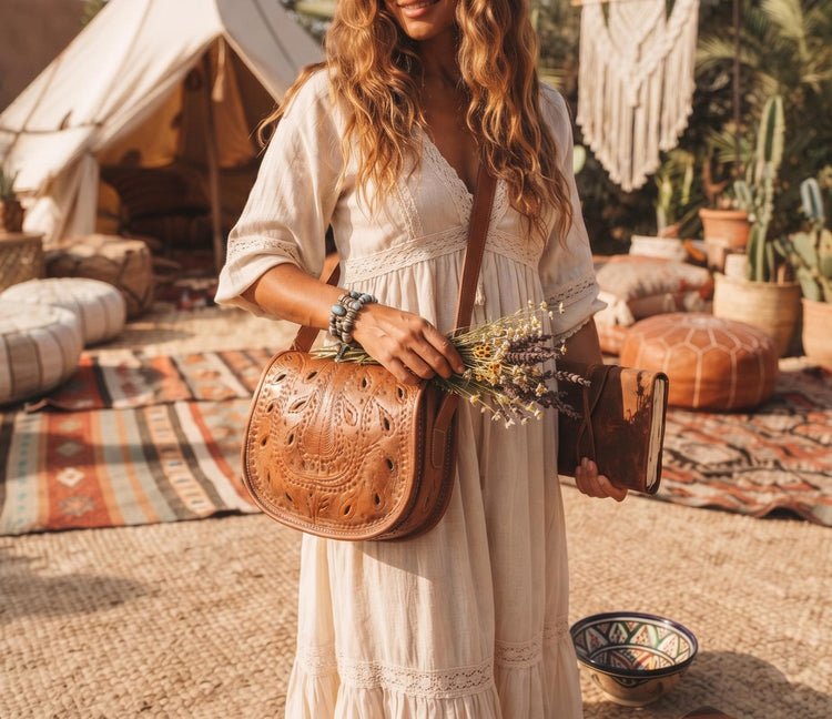 Moroccan Leather Crossbody Bag Floral Cut Out Boho Purse Handmade Berber Shoulder Bag Tan Brown Festival Satchel