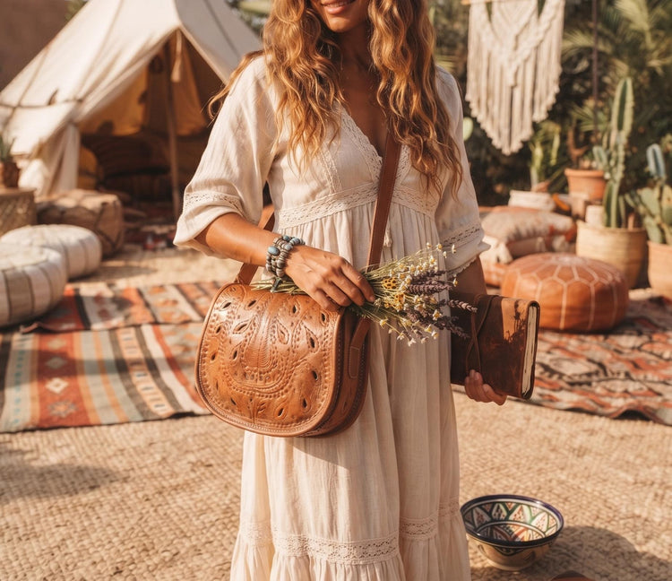Moroccan Leather Crossbody Bag Floral Cut Out Berber Purse Boho Saddle Bag Handmade Tan Leather Shoulder Bag