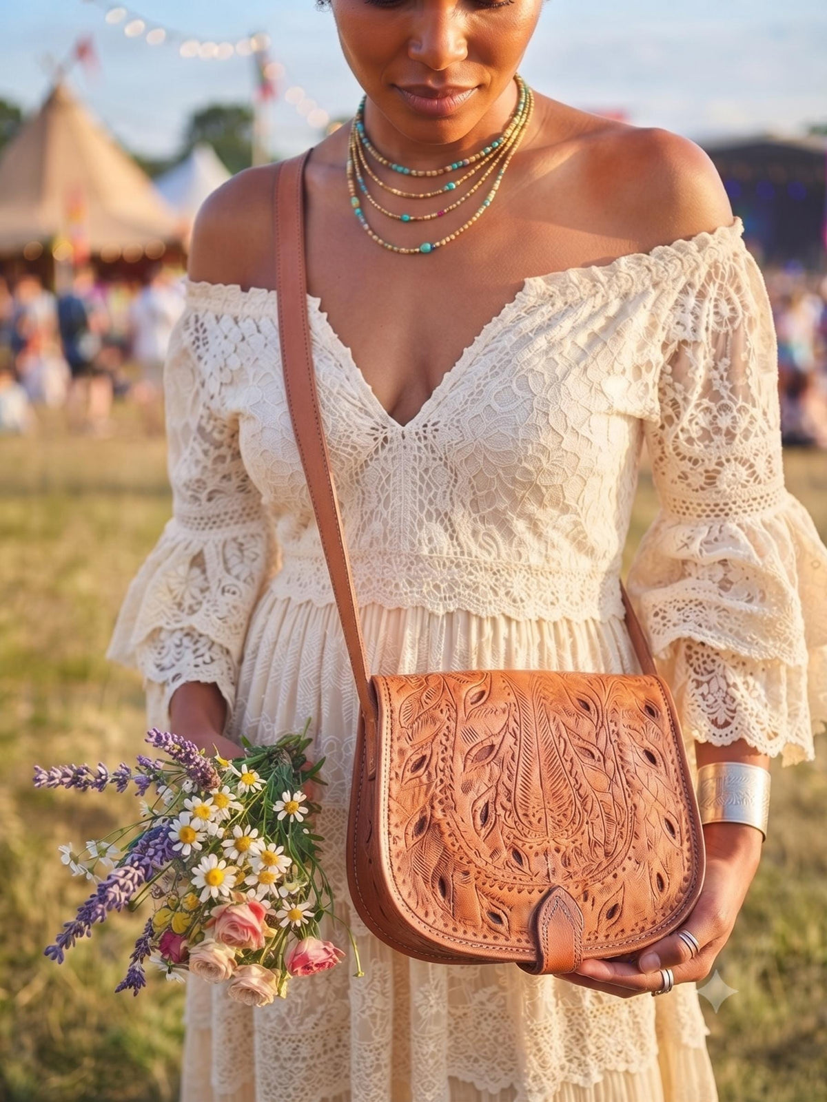 Moroccan Leather Crossbody Bag Floral Cut Out Berber Purse Boho Saddle Bag Handmade Tan Leather Shoulder Bag