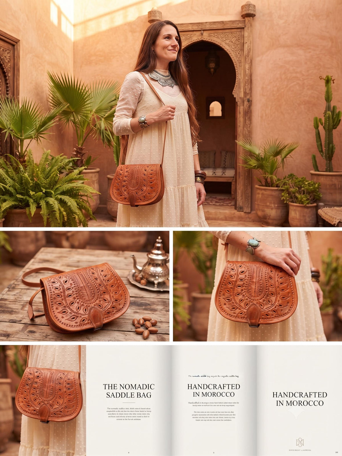 Moroccan Leather Crossbody Bag Floral Cut Out Berber Purse Boho Saddle Bag Handmade Tan Leather Shoulder Bag