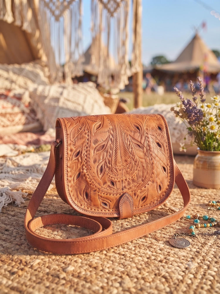 Moroccan Leather Crossbody Bag Floral Cut Out Berber Purse Boho Saddle Bag Handmade Tan Leather Shoulder Bag