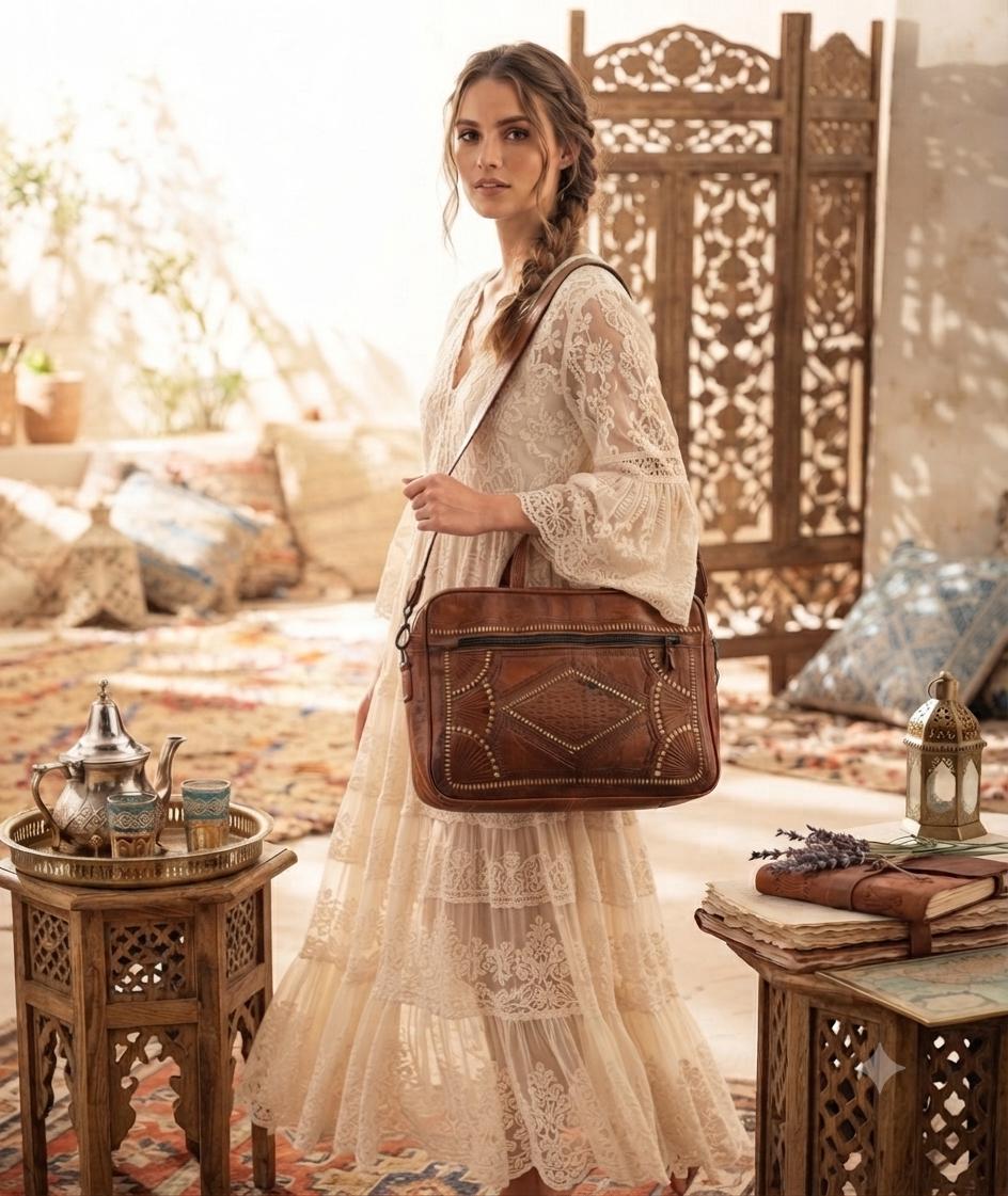 Moroccan Leather Holdall Bag Embroidered Weekender Boho Travel Bag Unisex Hippie Overnight Shoulder Bag