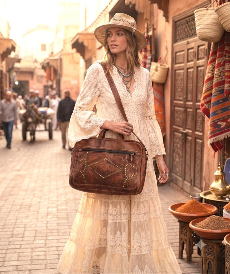 Moroccan Leather Holdall Bag Embroidered Weekender Boho Travel Bag Unisex Hippie Overnight Shoulder Bag