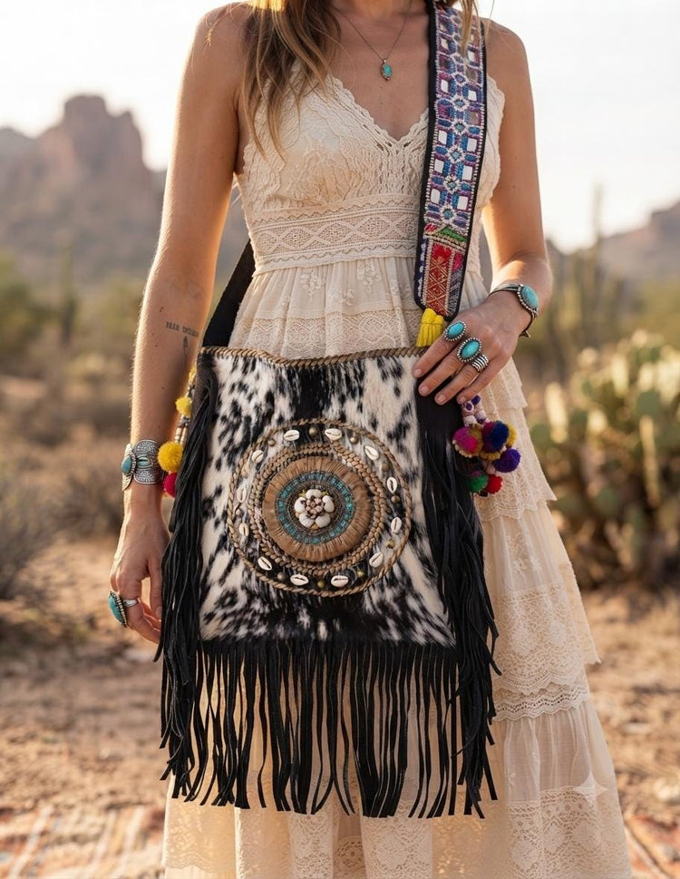 Cowhide Leather Tote Bag, Boho Tassel Shoulder Bag, Navajo Style Handmade Shopper, Festival Bag, Beaded Fringe Leather Purse, Oversized Tote