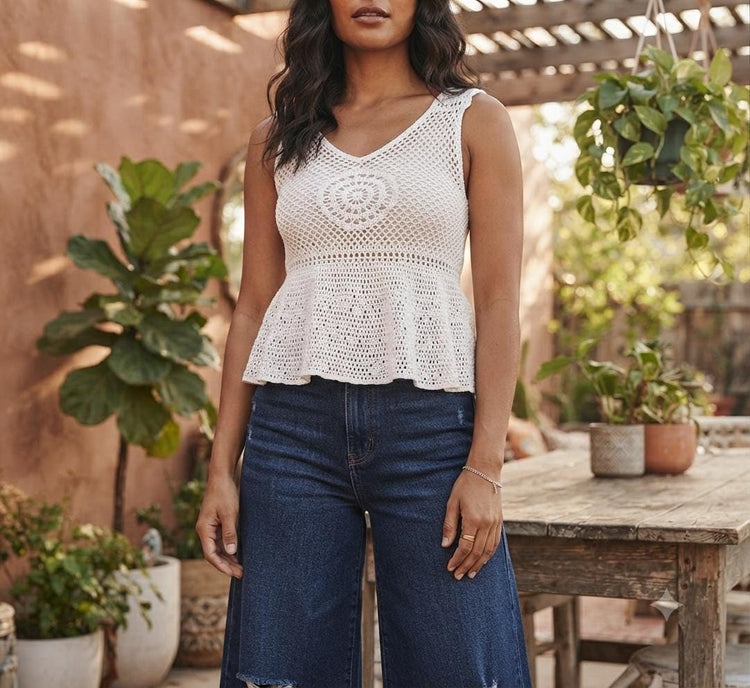 Vintage Crochet Top White Boho Blouse 70s Hippie Shirt Cottagecore Festival Top Handmade Knit Summer Lace Shirt