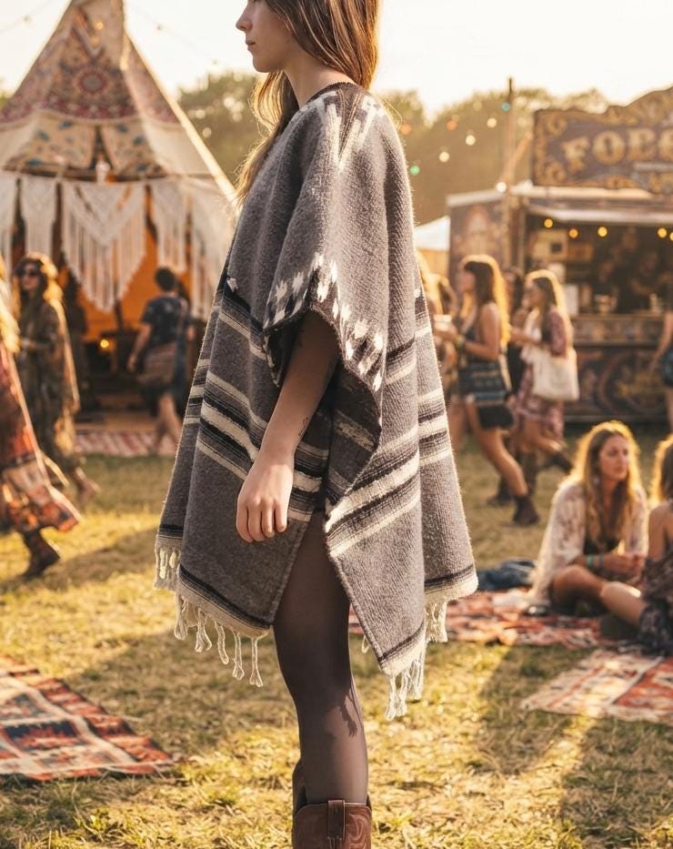 Peruvian Wool Poncho Aztec Blanket Shawl Handmade Andes Boho Hippie Wrap Fringed Unisex Festival Coat