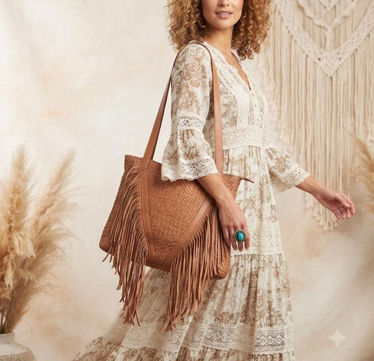 Fringe Leather Shoulder Bag, Boho Tote, Oversize Hobo Bag, Woven Leather Shopper, Western Purse, Large Hippie Handbag
