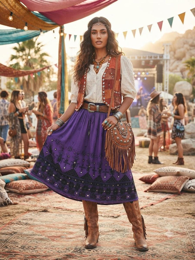 Banjara Midi Skirt Purple Gypsy Mirror Embroidery Tribal Boho Skirt Ethnic Hippie Festival Skirt Size L