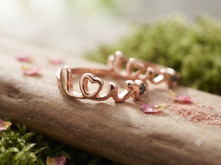 Gold Love Ring, Dainty Script Ring, Minimalist Stacking Ring, Thin Gold Band, Promise Ring for Her, Valentines Gift Jewellery