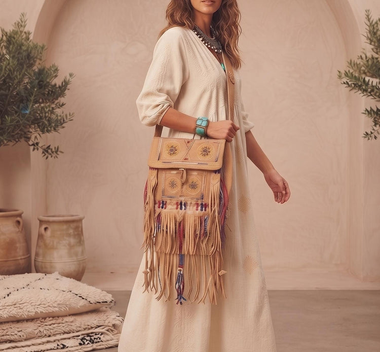 Vintage Fringe Leather Bag, Large Boho Hippie Purse, Navajo Style Embroidered Shoulder Bag, Tribal Festival Crossbody Bag