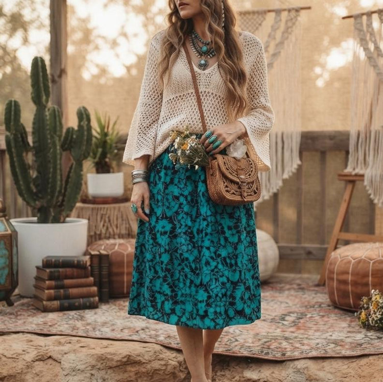 Vintage Tie Dye Midi Skirt Blue Green Boho Festival Skirt Hippie Cottagecore Summer Skirt Stretch Waist S M L