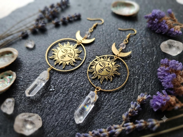Clear Quartz Crystal Sun Earrings Gold Celestial Dangle Earrings Boho Wicca Jewelry Witchy Festival Gift for Her