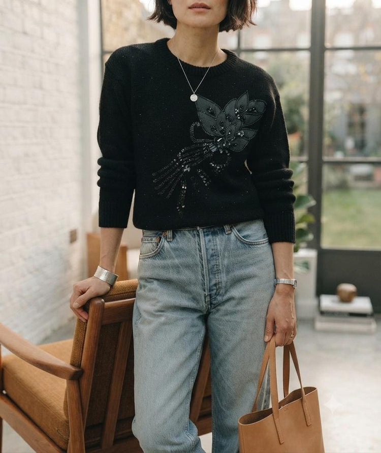 Vintage Black Knit Jumper Leaf Sweater Cottagecore Retro Pullover Botanical Knit Cozy Winter Sweater Size S M