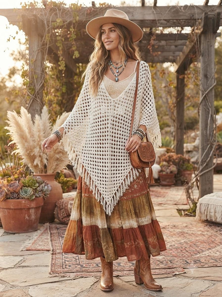 Vintage Hand Knit Wool Poncho Cream Crochet Fringe Shawl Boho Cottagecore Wrap 70s Festival Cape One Size