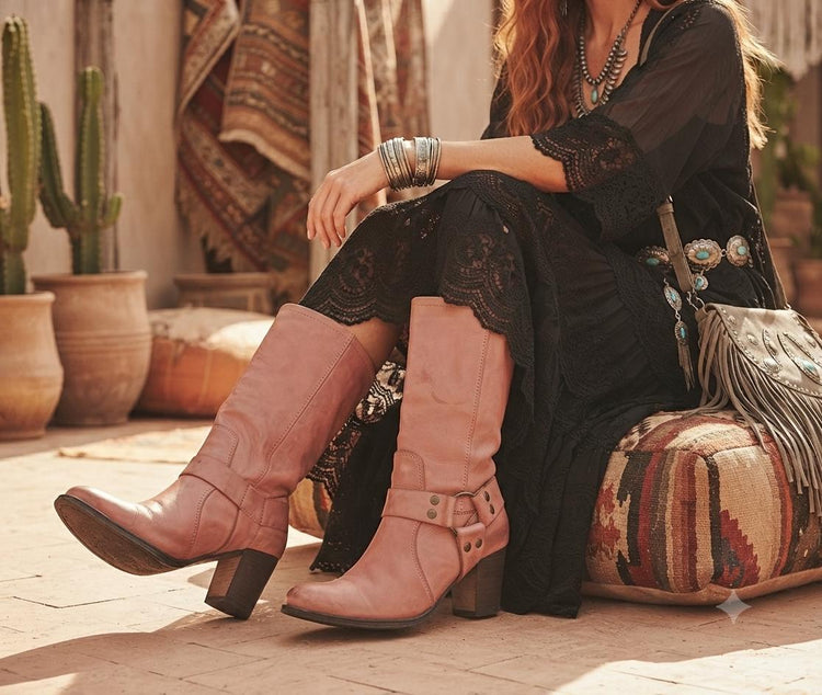 Vintage Pink Leather Knee High Boots Block Heel Riding Boots Cottagecore Hippie Western Boots Women UK 6.5