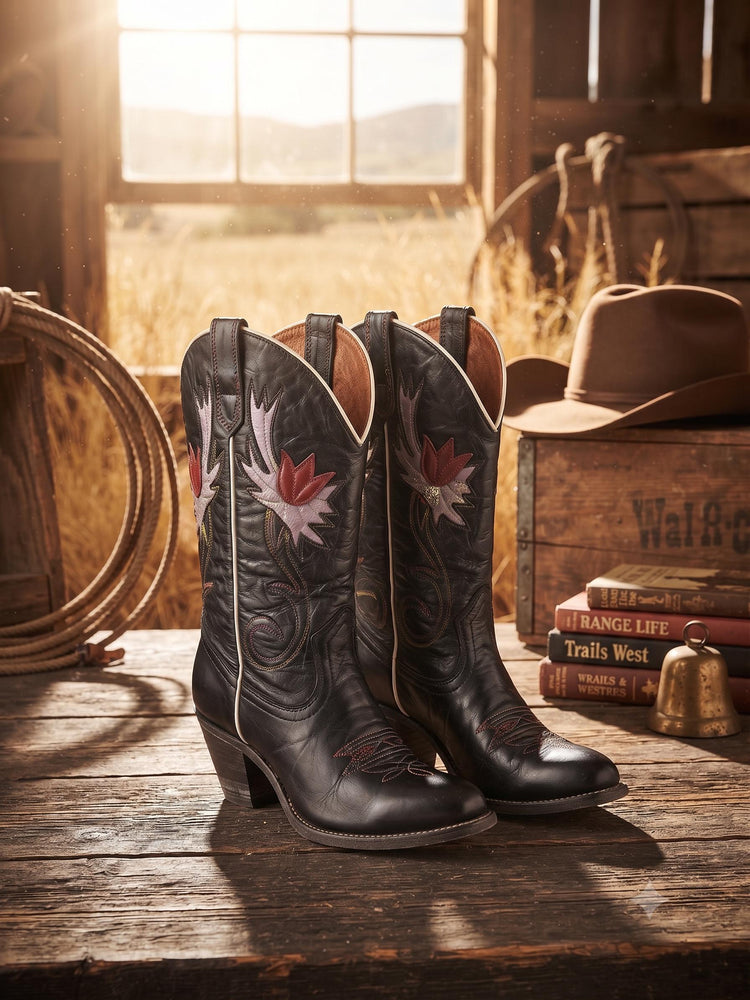Vintage Floral Tooled Leather Cowboy Boots USA Western Cowgirl Footwear 36 Tulip Flower Boho Boots Women US 5 UK 3