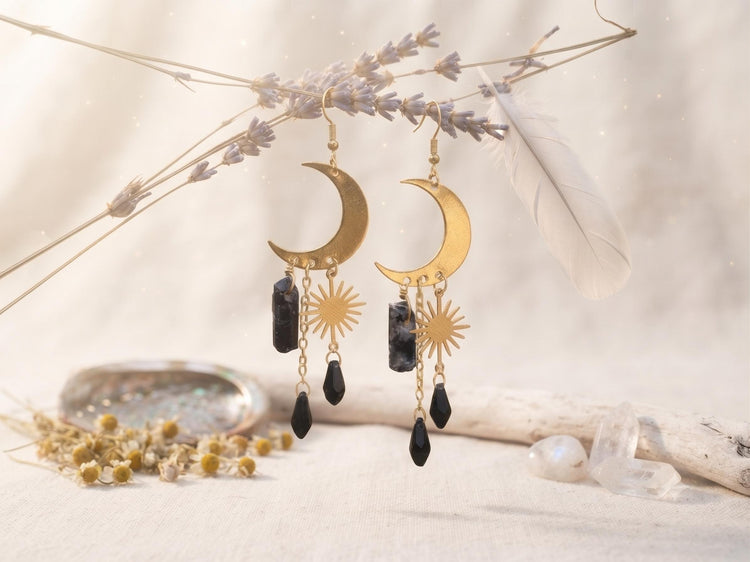Black Obsidian Crystal Moon Earrings Gold Celestial Wicca Jewelry Boho Witchy Dangle Earrings Hippie Gift