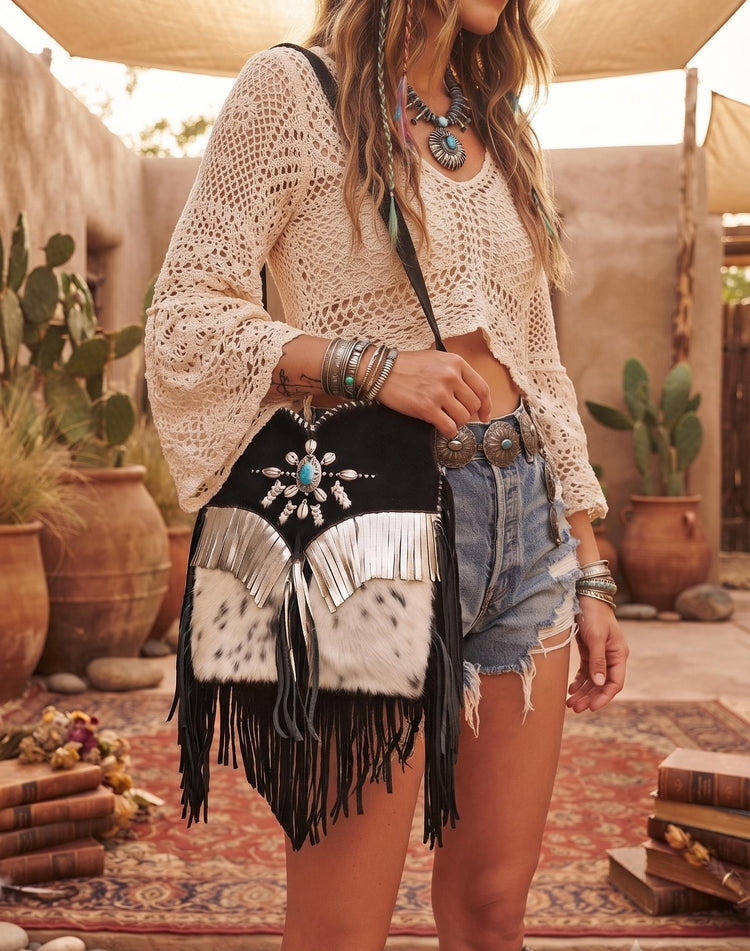 Cowhide Leather Crossbody Bag Western Boho Fringe Purse Cowgirl Bag Turquoise Beaded Southwestern Tote Festival Bag