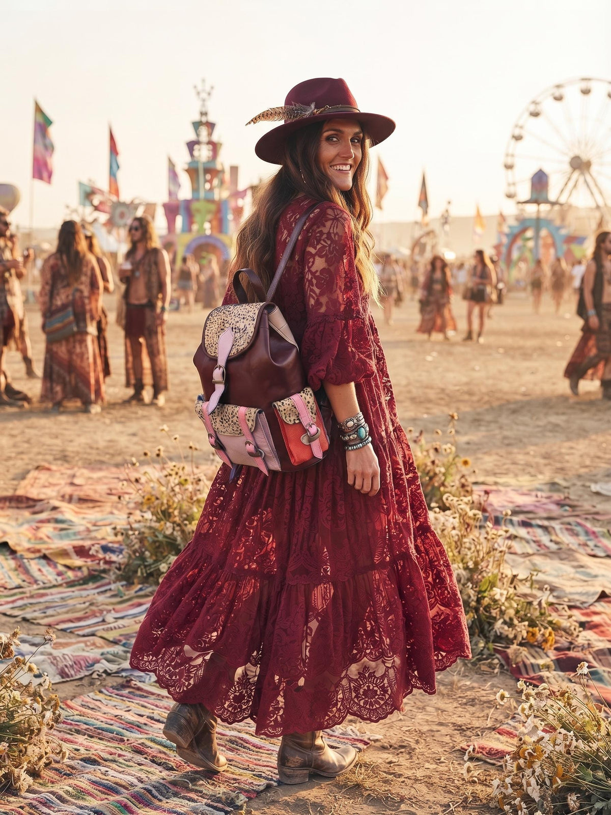 Patchwork Leather Backpack Burgundy Red Leopard Print Boho Hippie Rucksack Vintage Style Women Backpack Handmade Bag