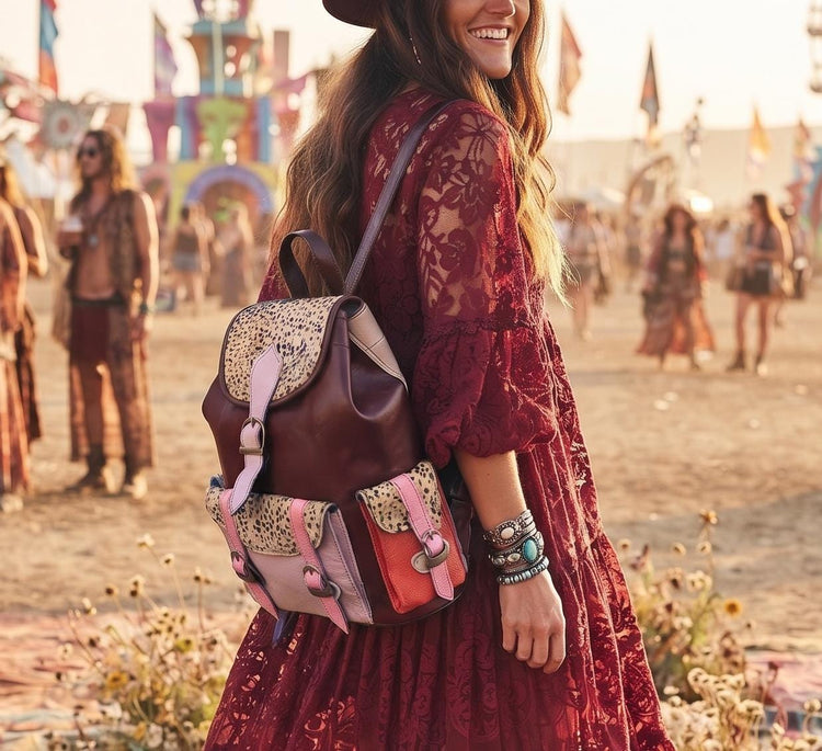 Patchwork Leather Backpack Burgundy Red Leopard Print Boho Hippie Rucksack Vintage Style Women Backpack Handmade Bag