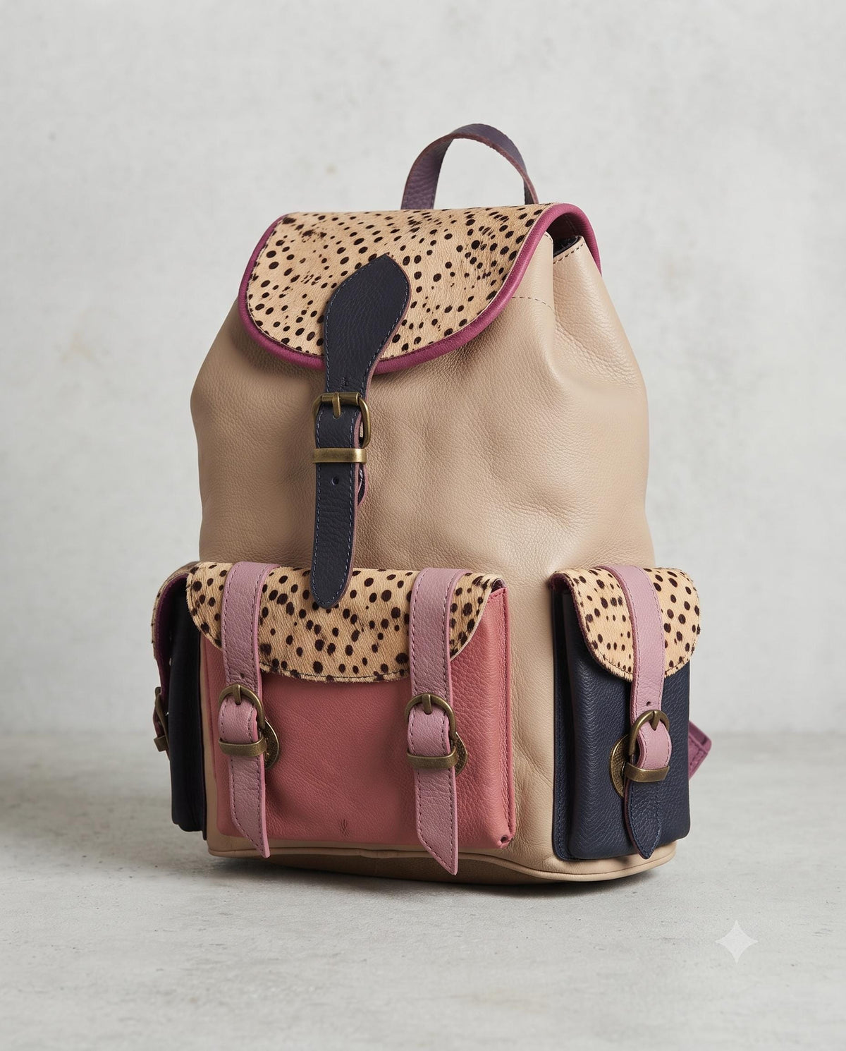Patchwork Leather Backpack Rainbow Colour Block Leopard Cowhide Backpack Boho Hippie Rucksack Handmade Leather Bag