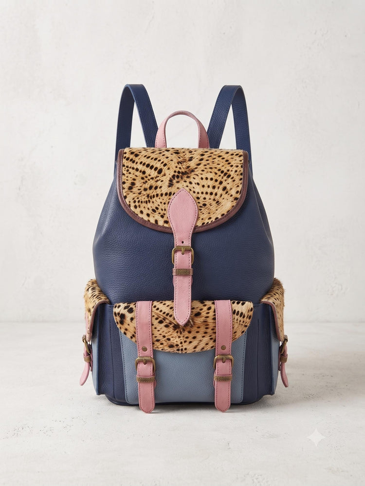 Multicoloured Patchwork Leather Backpack Purse: Cowhide Shoulder Bag with Animal Print