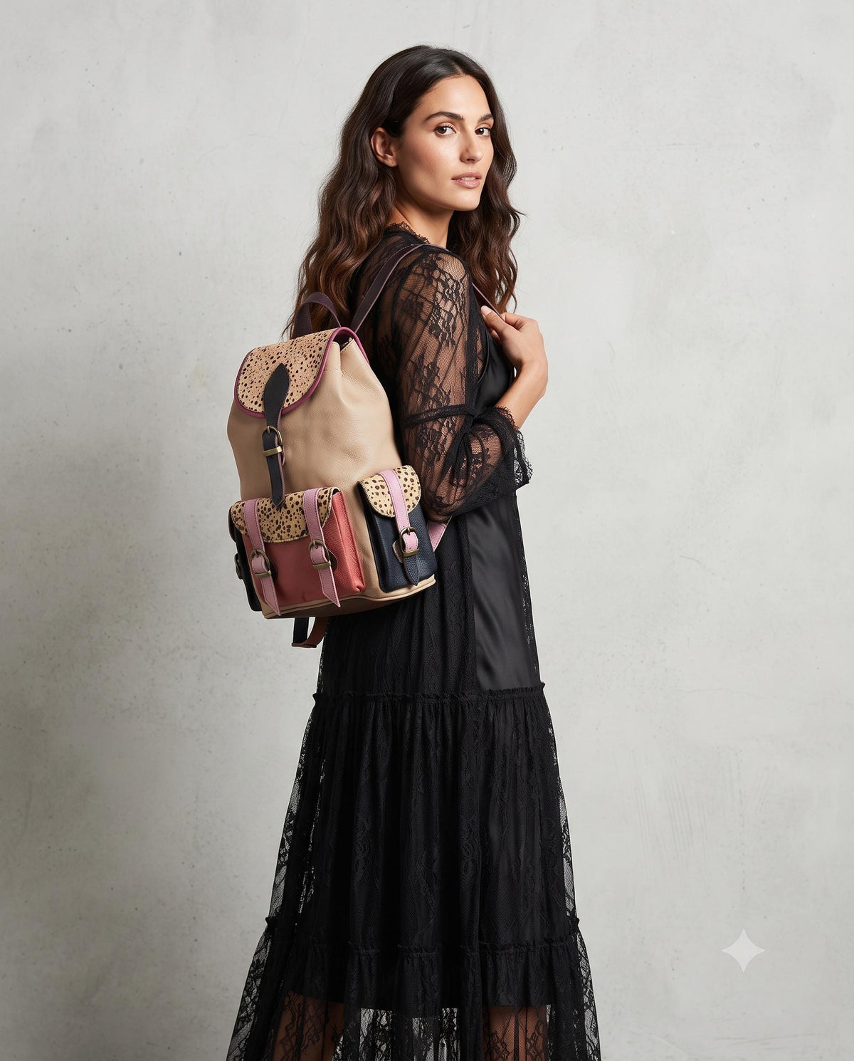 Multicoloured Patchwork Leather Backpack Purse: Cowhide Shoulder Bag with Animal Print
