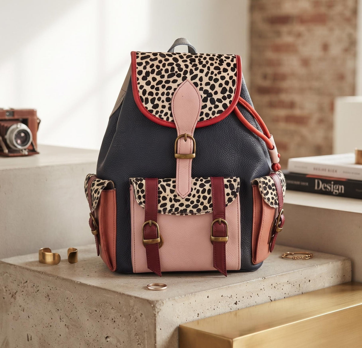 Handmade Leather Backpack with Hair-On Hide Pockets | Artisan Women's Travel Rucksack