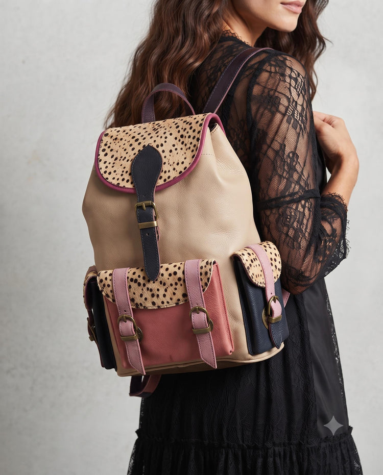 Handmade Leather Backpack with Hair-On Hide Pockets | Artisan Women's Travel Rucksack