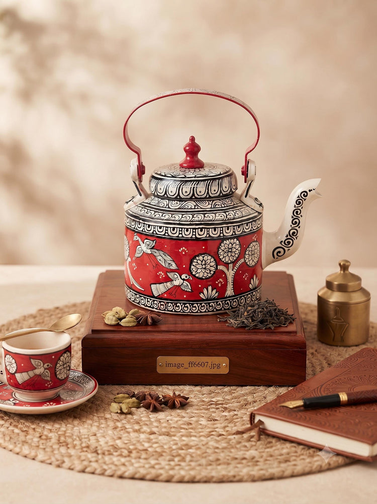 Hand Painted Indian Tea Kettle with Botanical Bird Design | Unique Decorative Teapot