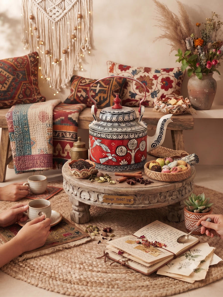 Hand Painted Indian Tea Kettle with Botanical Bird Design | Unique Decorative Teapot