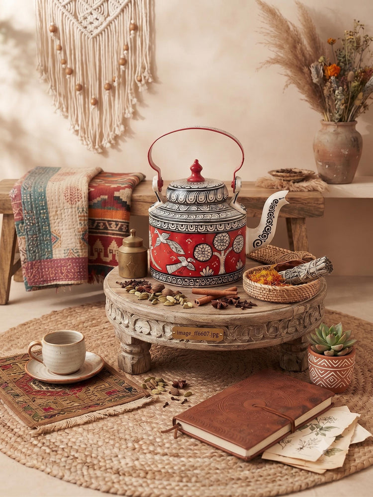 Hand Painted Indian Tea Kettle with Botanical Bird Design | Unique Decorative Teapot