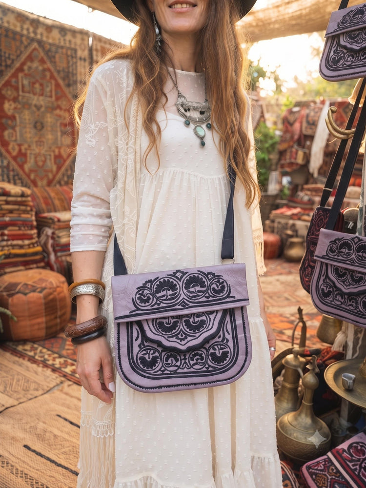 Moroccan Berber Leather Bag | Handmade Embroidered Boho Crossbody Purse