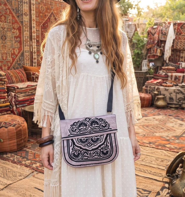 Moroccan Berber Leather Bag | Handmade Embroidered Boho Crossbody Purse