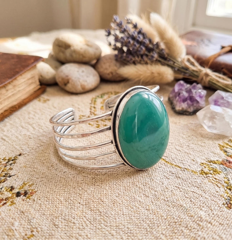 Green Jade Cuff Bracelet | Bohemian Silver Gemstone Bangle with Natural Jade Stone