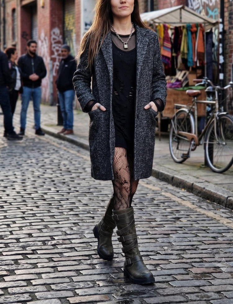 Comptoir des Cotonniers Tweed Coat Houndstooth French Designer Jacket Vintage Y2K Wool Midi Coat Women