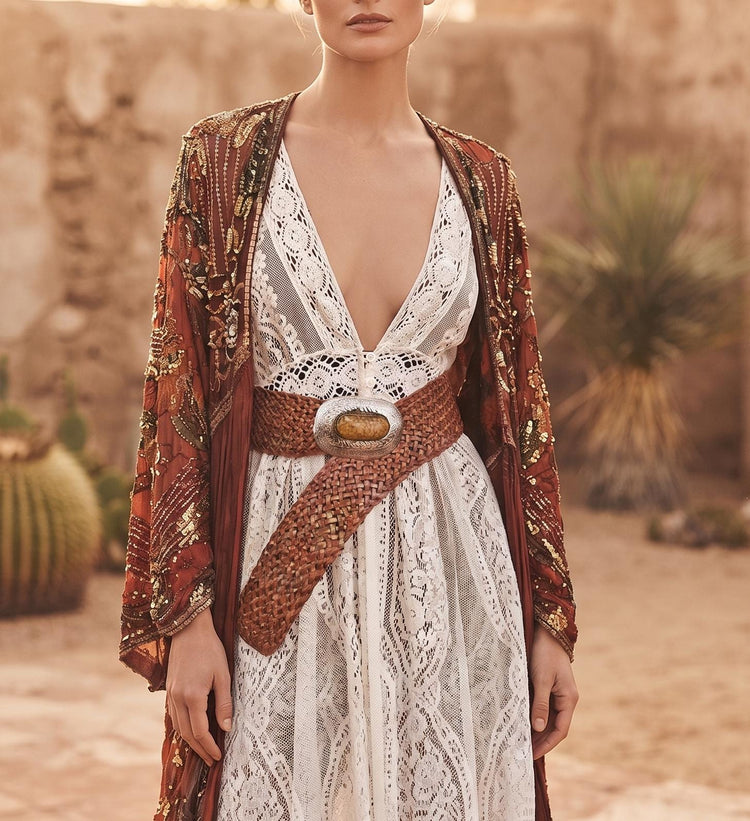 Braided Leather Western Belt: Silver Buckle, Boho Corset Waist Belt