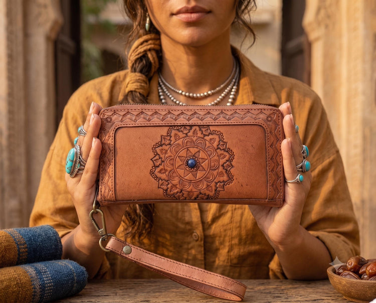 Hand Tooled Leather Wallet: Mandala Design, Lapis Lazuli Stone & Wrist Strap