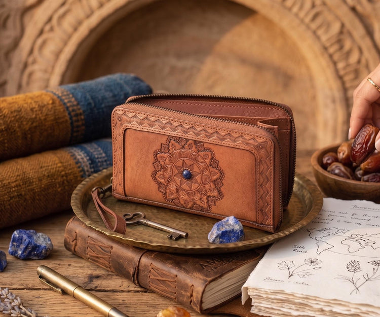 Hand Tooled Leather Wallet: Mandala Design, Lapis Lazuli Stone & Wrist Strap