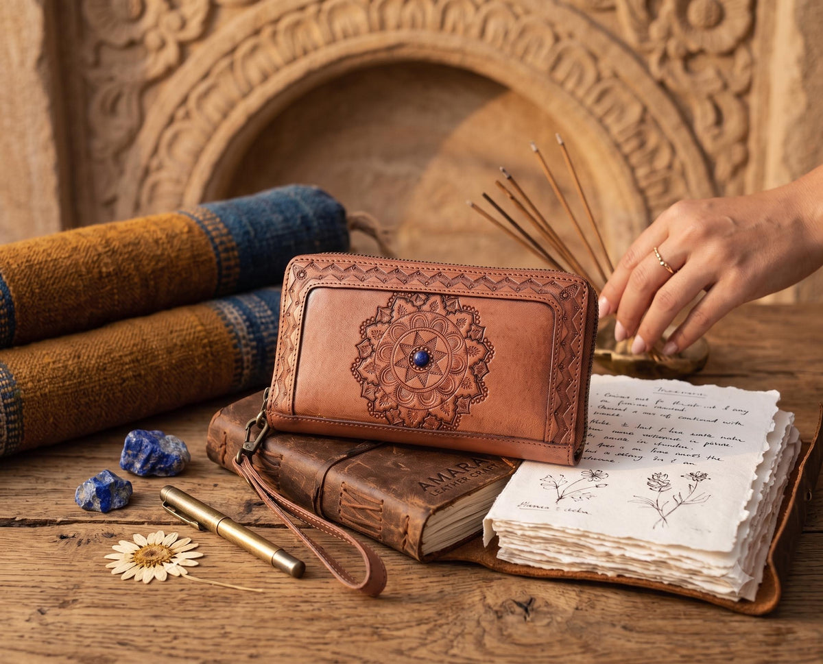 Hand Tooled Leather Wallet: Mandala Design, Lapis Lazuli Stone & Wrist Strap